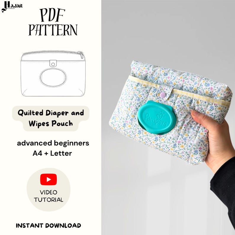 May include: A quilted diaper and wipes pouch with a floral pattern, featuring a teal wipes dispenser. The pouch is closed with a snap and has a yellow trim. Text on the image reads "PDF PATTERN", "Quilted Diaper and Wipes Pouch", and "VIDEO TUTORIAL".