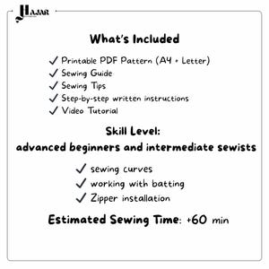 May include: White background with black text detailing a sewing pattern's contents. Includes a PDF pattern, sewing guide, tips, instructions, and video tutorial. Skill level: advanced beginners and intermediate sewists. Estimated sewing time: +60 min.