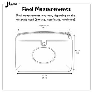 May include: Line drawing of a bag with measurements. The bag has a zipper that is 9 inches long, a width of 10.6 inches, and a height of 6.1 inches. The text "Final Measurements" is at the top.
