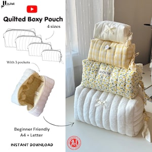 May include: A stack of four quilted boxy pouches in varying sizes, featuring cream, yellow gingham, and floral patterns with small bows. One open pouch displays three interior pockets. Text includes Quilted Boxy Pouch, 4 sizes, With 3 pockets, Beginner Friendly, A4 + Letter, and INSTANT DOWNLOAD.