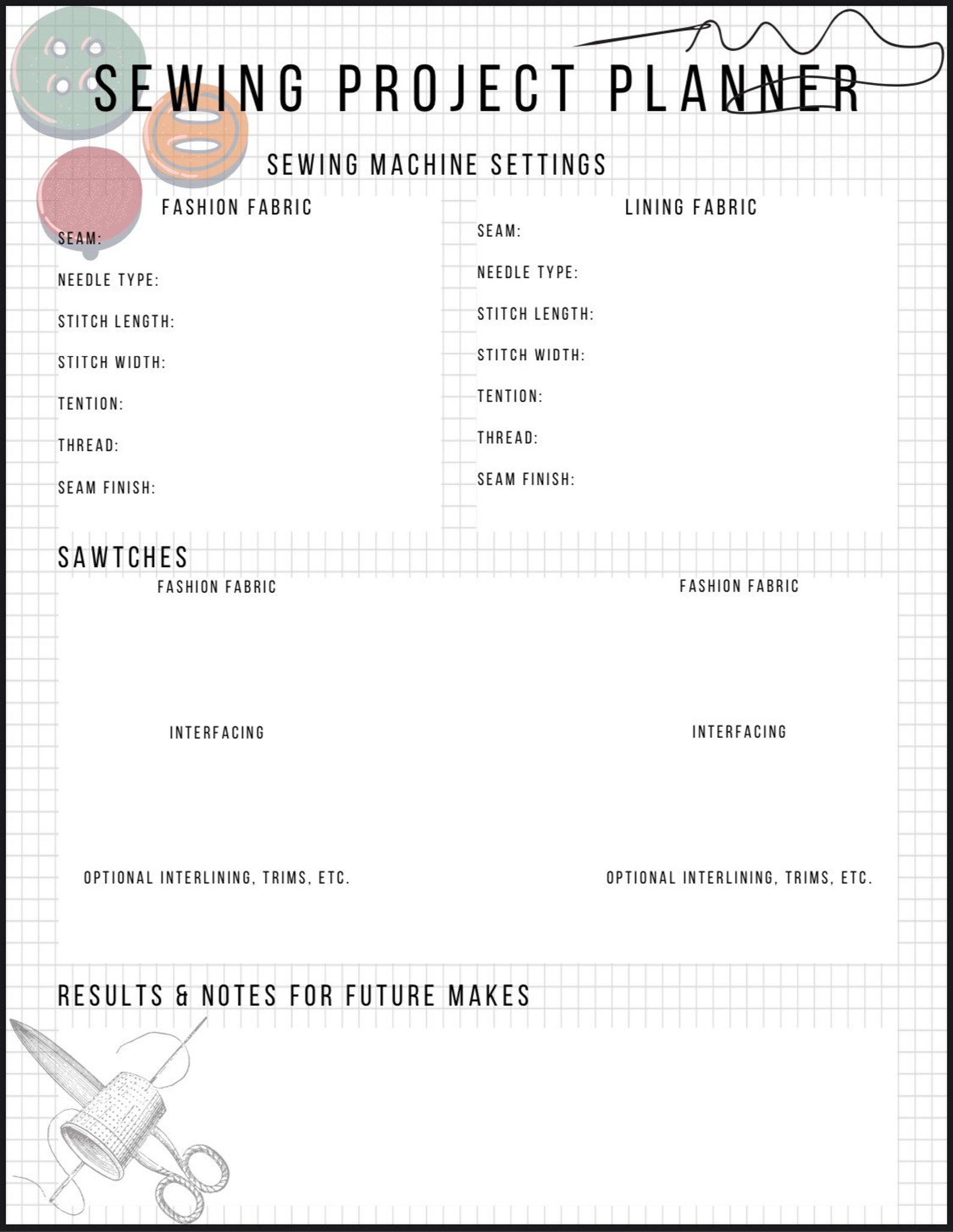 Printable PDF Instant Download Sewing Project Planner Etsy