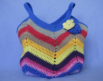 Bolso de tote de ganchillo multicolor despojado hecho a mano para mujer, 100% algodón, bolso de punto, bolso de estilo boho, bolso de todos los días, estilo gitano, mujeres