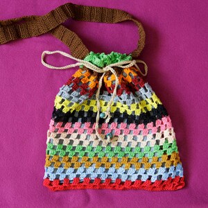 Handmade stripped drawstring crochet crossbody bag for woman, cotton, knitted bag, boho style bag, everyday bag, gipsy style, multicolor