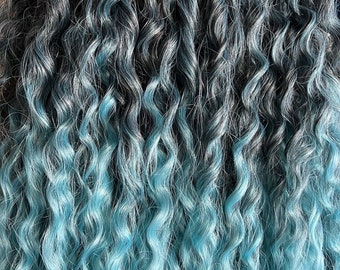 Dark blue color at the roots fading to a light blue color at the ends wavy hair extensions, boho DE long temporary Halloween hairstyle
