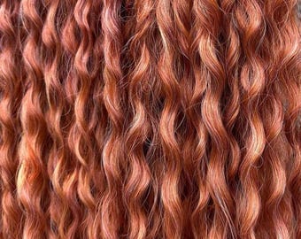 Curly hair extensions with a gradient color from a reddish-brown to light bronze, long auburn dreads extensions, mix of light brown and red