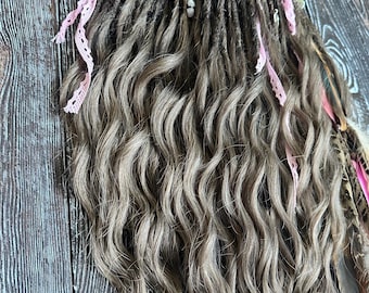Smooth dreadlocks, wavy dreads extensions brown, dark blond feather hair extensions, decorated fairy dreadlocks, festival dreads set