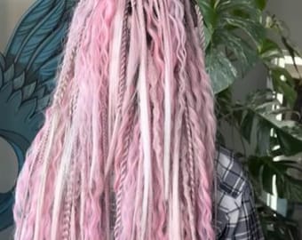 Pink braids pre-looped, hair and braids extensions set, wavy open ends dreadlocks, long permanent dreads extensions, synthetic dreads