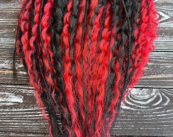 Wavy Synthetic Dreadlocks, Ombre Festival Hair Dreads, Black Red Hair Braids Extensions, Wavy Braided Dreads, Goth Dreadlock Set