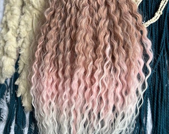 Curly wavy hair set, caramel to pink ombre fake hair extensions, white tips braid in locks, double ended permanent loose wave dreadlocks