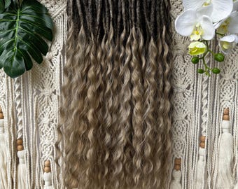 Synthetic crochet dreads extends brown ash light blond, wavy hair double ended extensions, curly thick braid in loose wave dreadlocks
