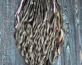 Blond wavy dreadlocks with pink ribbon lace accents, kanekalon crochet dreads extensions, decorated metallic blond double ended locks