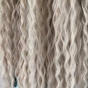 Può includere: Primo piano di capelli biondo chiaro e ondulati. I capelli hanno un aspetto naturale e strutturato con diverse sfumature di biondo e sottili riflessi. Le ciocche sono lunghe e fluenti, creando un aspetto morbido e voluminoso.