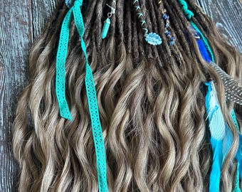 Blond hair extensions, dreads extensions decorated feathers, chestnut braid in extensions, fairy open ends dreadlocks, partial dreads