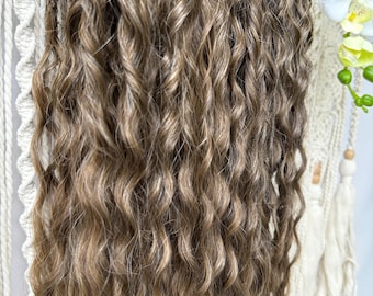 Brown temporary dreadlocks, ash platinum brown wavy hair extensions, double ended curly partial pre made dreads, reusable lightweight dreads