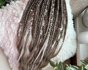 A set of brown and blonde synthetic dreadlocks with white lace accents and wooden beads, brown textured dreadlocks, gift for bestie
