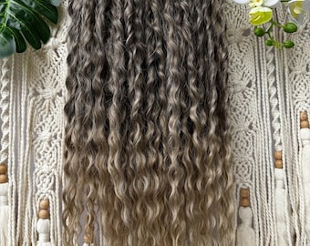 Brown ash blond wavy long hair, double ended synthetic extensions, open ended braid in loose wave dreadlocks, permanent reusable locks