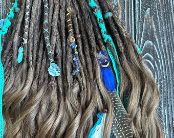 Scene hair feather extensions, wavy brown hair extensions with feathers, blond mixed texture hair extensions, dreadlocks with ribbons