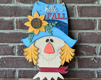 hello fall scarecrow door hanger, fall door decor for home, wooden scarecrow wreath for door, wreath attachment, 3D sign for front door