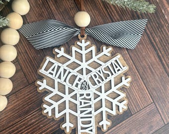 personalized family name snowflake Christmas ornament handmade, custom Christmas ornaments 2026, sentimental Christmas gifts for grandparent