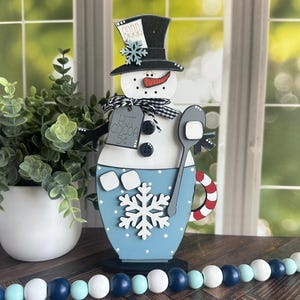 hot cocoa snowman mug shelf sitter decoration for kitchen, winter hot cocoa bar decor, hot cocoa tiered tray sign, marshmallow snowman