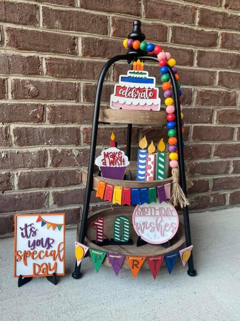 Happy Birthday Tiered Tray Decor Set Birthday Party Decor Etsy