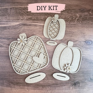 unfinished pumpkins DIY wood pumpkin cutouts sign kit, paint it yourself fall tiered tray decor bundle, pumpkin shelf sitters paint party