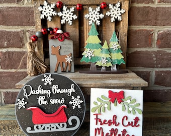 Juego de bandejas escalonadas de muérdago navideño, corriendo a través de la decoración de nieve, paquete de bandejas escalonadas de reno, decoración navideña a cuadros de búfalo, granja
