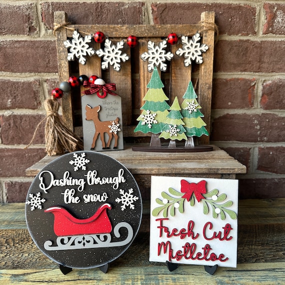 Christmas Mistletoe Tiered Tray Set, Dashing through the snow decor, Reindeer tiered tray bundle, buffalo plaid Christmas decor, farmhouse