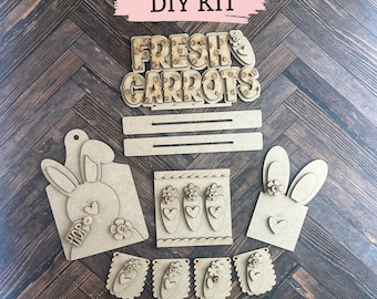 unfinished wood Easter cutouts tiered tray decor, paint it yourself fresh carrots sign, Easter bunny paint kits, DIY Easter decorations