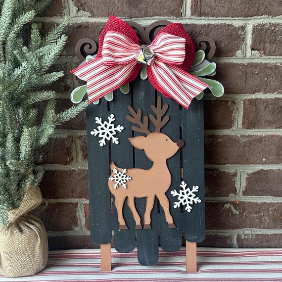 reindeer Christmas sled decor, farmhouse mantle Christmas decor, wood reindeer decorations, Christmas gift for hostess, wreath add on for