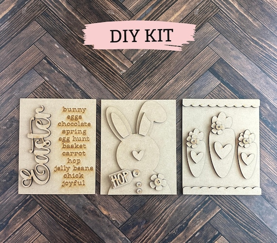 unfinished wood Easter sign trio, paint it yourself Easter bunny craft for kids, boredom busters, DIY Easter door signs, Easter paint party