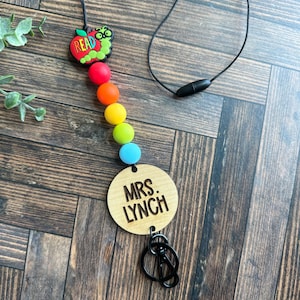 personalized rainbow beaded teacher lanyard with name, bookworm lanyard with badge holder, school librarian gifts, back to school gift for