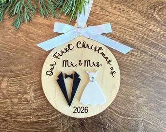 our first Christmas married ornament 2026, stocking stuffers for newlyweds Christmas gifts for bride and groom Mr and Mrs Christmas ornament