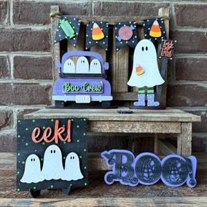 spooky cute Halloween tiered tray decor set, ghost Halloween decor for home bundle, whimsical Halloween signs wood, boo crew Halloween gifts