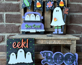 spooky cute Halloween tiered tray decor set, ghost Halloween decor for home bundle, whimsical Halloween signs wood, boo crew Halloween gifts