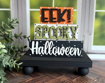 orange and black eek sign, spooky season gift, whimsical Halloween tiered tray decor, cute Halloween gifts for adults, slime green spooky