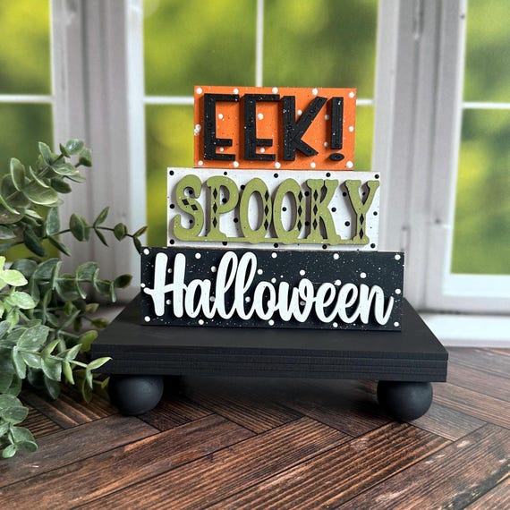 orange and black eek sign, spooky season gift, whimsical Halloween tiered tray decor, cute Halloween gifts for adults, slime green spooky
