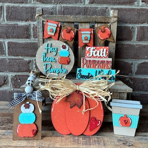 turquoise pumpkin tiered tray decor bundle, fall tiered tray signs set, pumpkin spice latte coffee bar decor, October birthday gifts for her