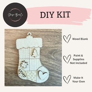 unfinished wood stocking ornament to paint, personalized DIY ornament kit for kids, paint it yourself patchwork stocking ornament
