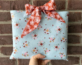 personalized blue floral book sleeve for traveling, cute book pouch with bow, book gifts for book lovers, fabric book protector bag, Bible