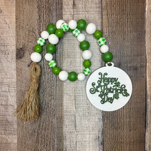 Happy St Patricks day tiered tray decor, St Pattys Day green gingham wood bead garland with tassel, Irish home decor for shelf, Irish gifts