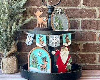 woodland Christmas tiered tray decor bundle, mini reindeer banner garland, Nordic Santa Christmas decor for home, pine tree Christmas signs