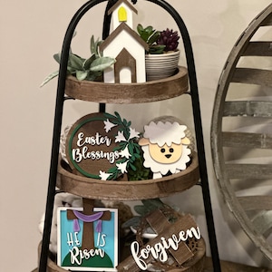 religious Easter tiered tray set, mini Easter blessings sign windowsill decor, forgiven cross sign for mantle, rustic Easter lamb decor