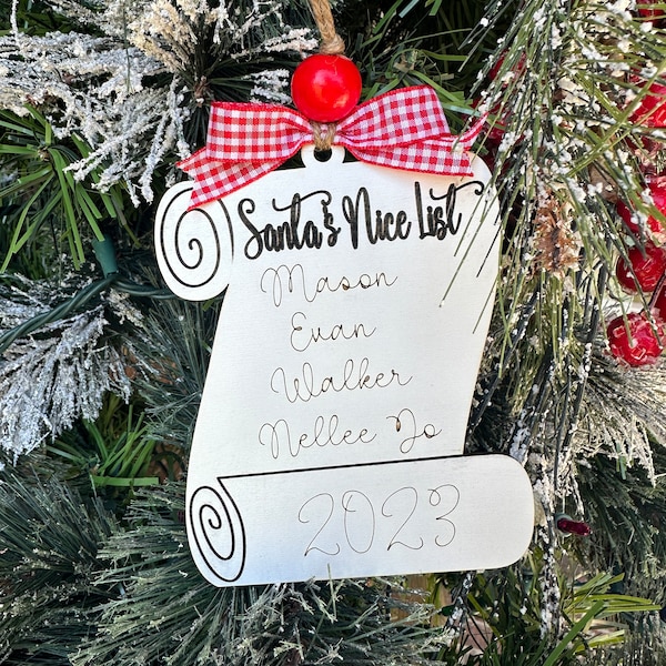personalized Santas nice list Christmas ornament 2025, family name ornament wood, grandkids ornament handmade, cute Christmas gifts for Nana