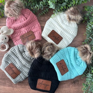 Personalized Pom Pom Beanie for Toddler, Custom Leather Patch Beanie for Girl, Beanie Hat for Baby Gift, Youth Girl Pom Pom Beanie