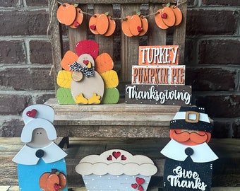 Thanksgiving tiered tray decor bundle, wood pumpkin garland, pumpkin pie sign, give thanks pilgrim couple, Thanksgiving hostess gifts for