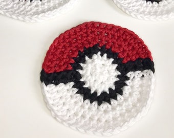 Crochet Pokéball Coasters Set of 4, Pokéball Coasters, Drink Coaster, Table Décor, Birthday Gift, Housewarming Gift