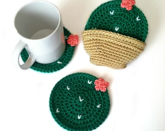 Crochet Cactus coasters set with pot/holder, 6 Pack
