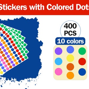 May include: A pack of 400 colorful round stickers in 10 different colors. The stickers are arranged in a stack and are on a blue background.