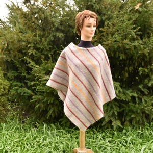 Medium sized striped beige lambs wool poncho Thick knitting wool cloak Medium sized striped lambs wool cape Beige medium sized wool cape